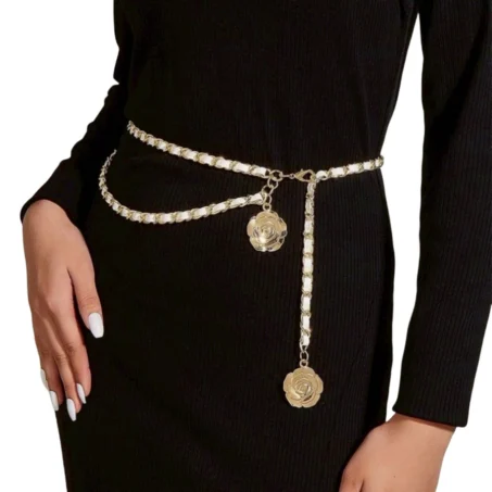 เข็มขัดคาดเอวโซ่โลหะ แบบบางลวดลายสวยงาม เหมาะสำหรบผู้หญิงแฟชั่นสายปาร์ตี้