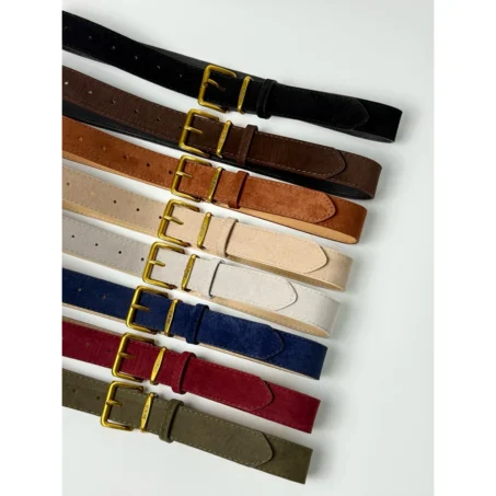 เข็มขัดหนังกลับ หัวเข็มขัดสีทอง (หนังเทียม) ขายยกแพ็ค 8 ชิ้นคละสี