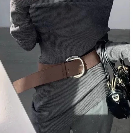 เข็มขัดแฟชั่นผู้หญิง Retro Y2k เข็มขัดขอบกว้างพร้อมหัวเข็มขัดสีเงิน