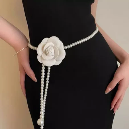 เข็มขัดโซ่เอวมุกลายดอกไม้สไตล์เกาหลีปรับได้